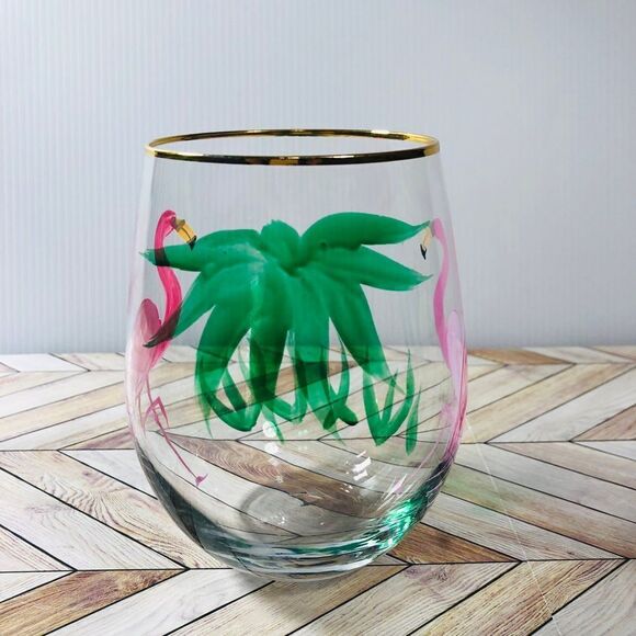 Flamingo Stemless Gin Cocktail Glass Tumbler Hand Painted Wine Glass - Picture 2 of 6